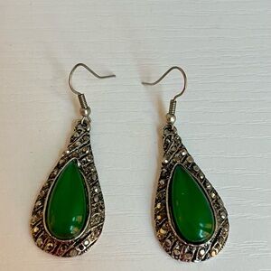 Green Boho Drop Earrings - Silver Tone